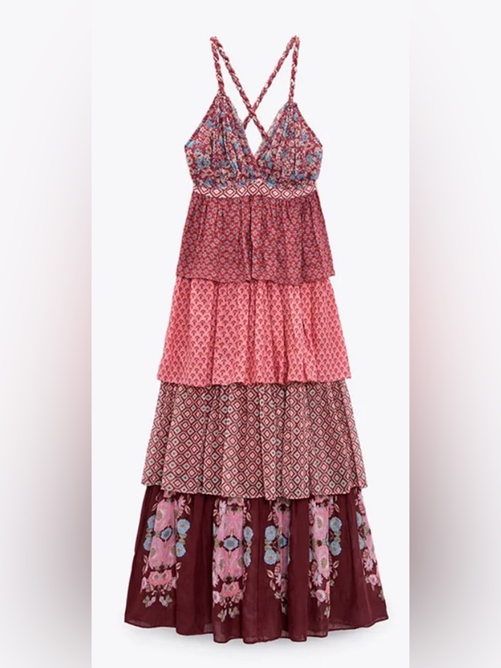 ZARA Tiered Pink Patterned Maxi Skirt